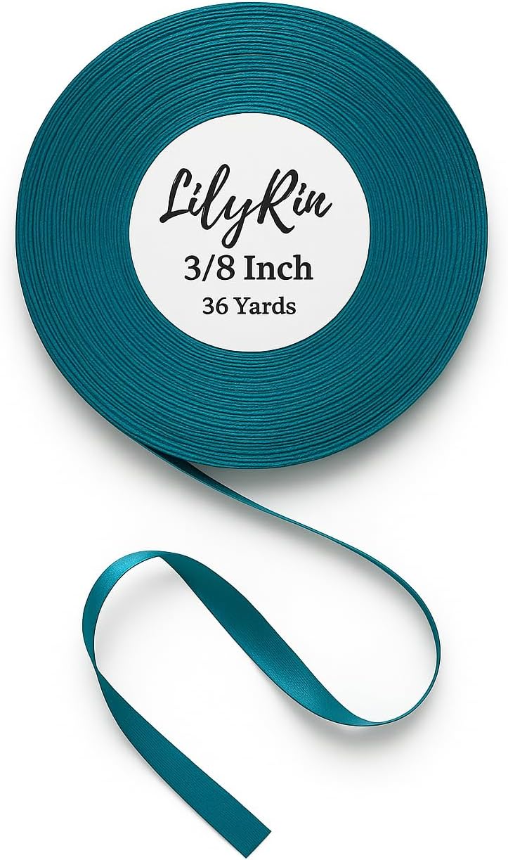 LilyRin Peacock Blue Ribbon 3/8 Inch x 36 Yards Perfect for Scrapbooking Art Wedding Wreaths Baby Showers Gift Wrapping Birthday Decorations Party Hair Bows Invitations Floral DIY Crafts Holiday Project Satin - Image 1